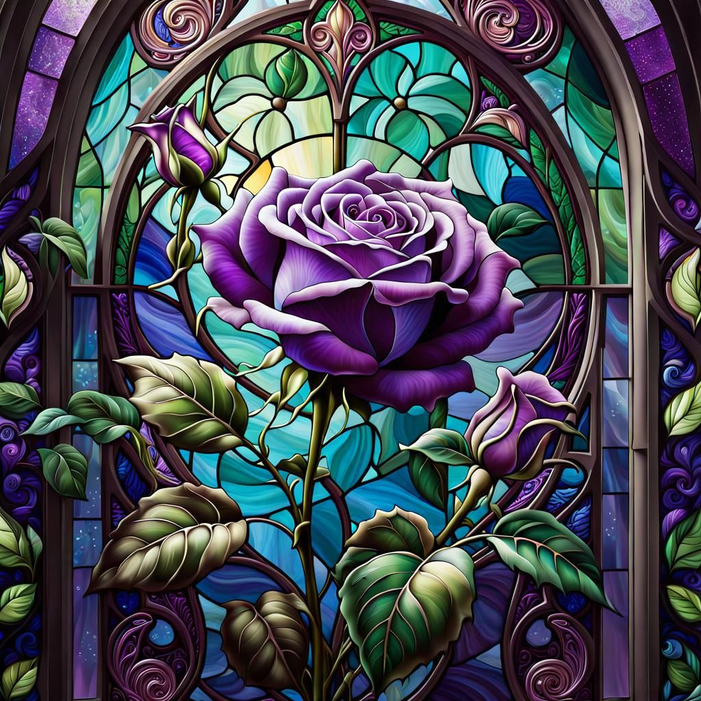 Purple Rose and Stained Glass Window Art