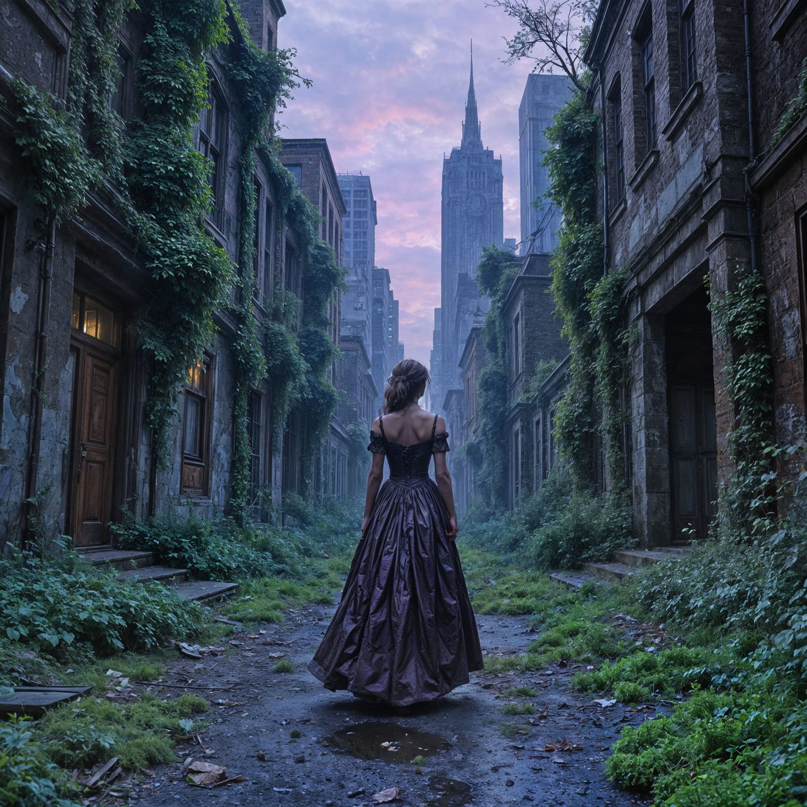 Victorian Woman in Decayed Cityscape: Gothic Digital Art