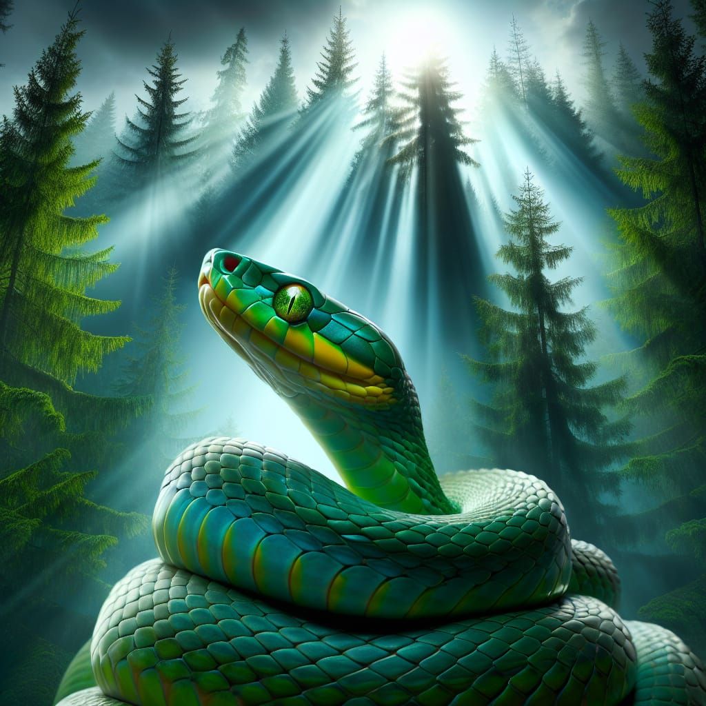 Radiant Green Snake in Enchanted Forest