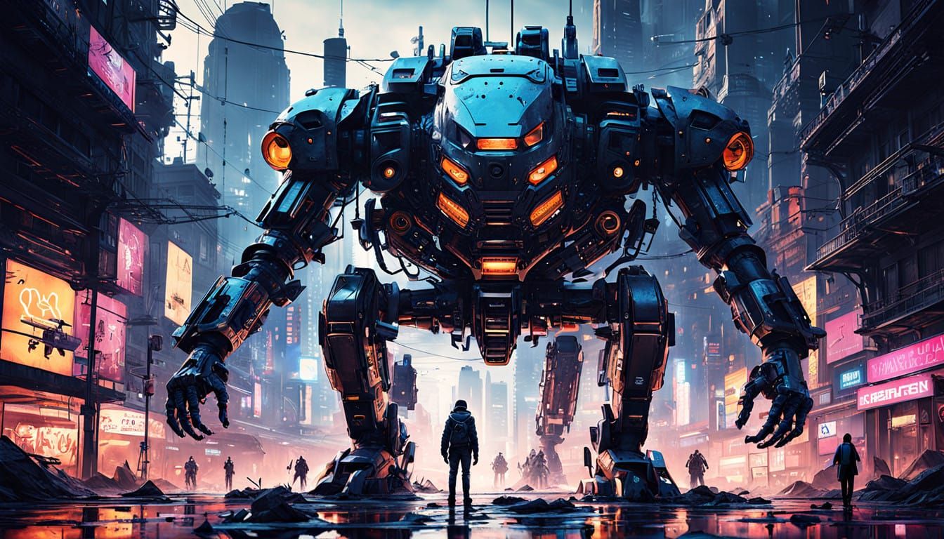 Cyberpunk Mech Suit in Desolate Cityscape