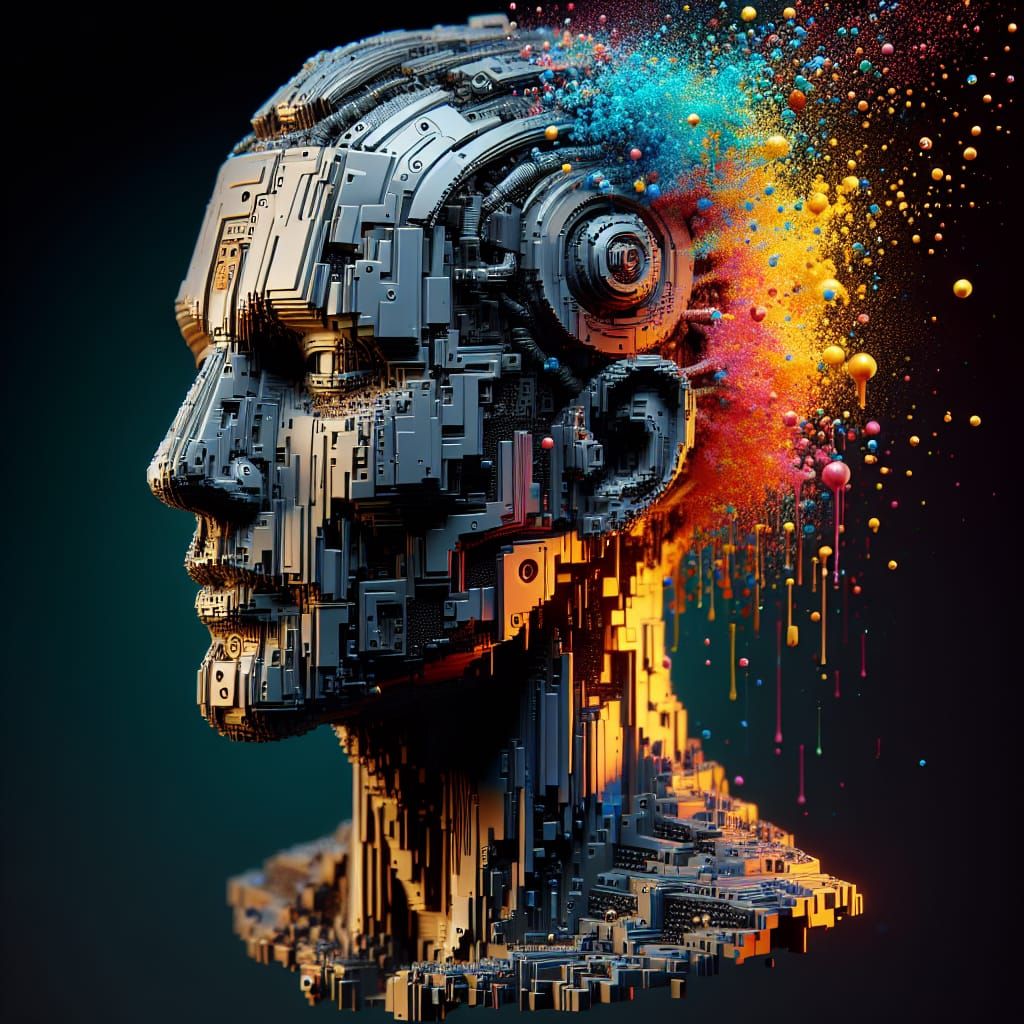 Voxel Cyborg Head in Hyperrealistic 3D Style