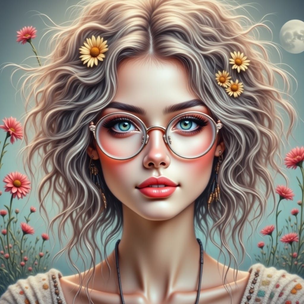 Gothic Dream Girl with Daisies and Full Moon