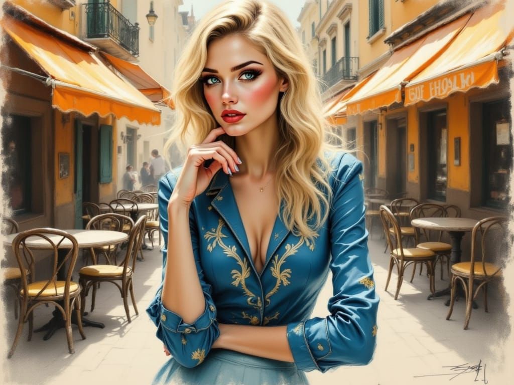 Elegant Blonde Woman in Futurist-Inspired Café Scene