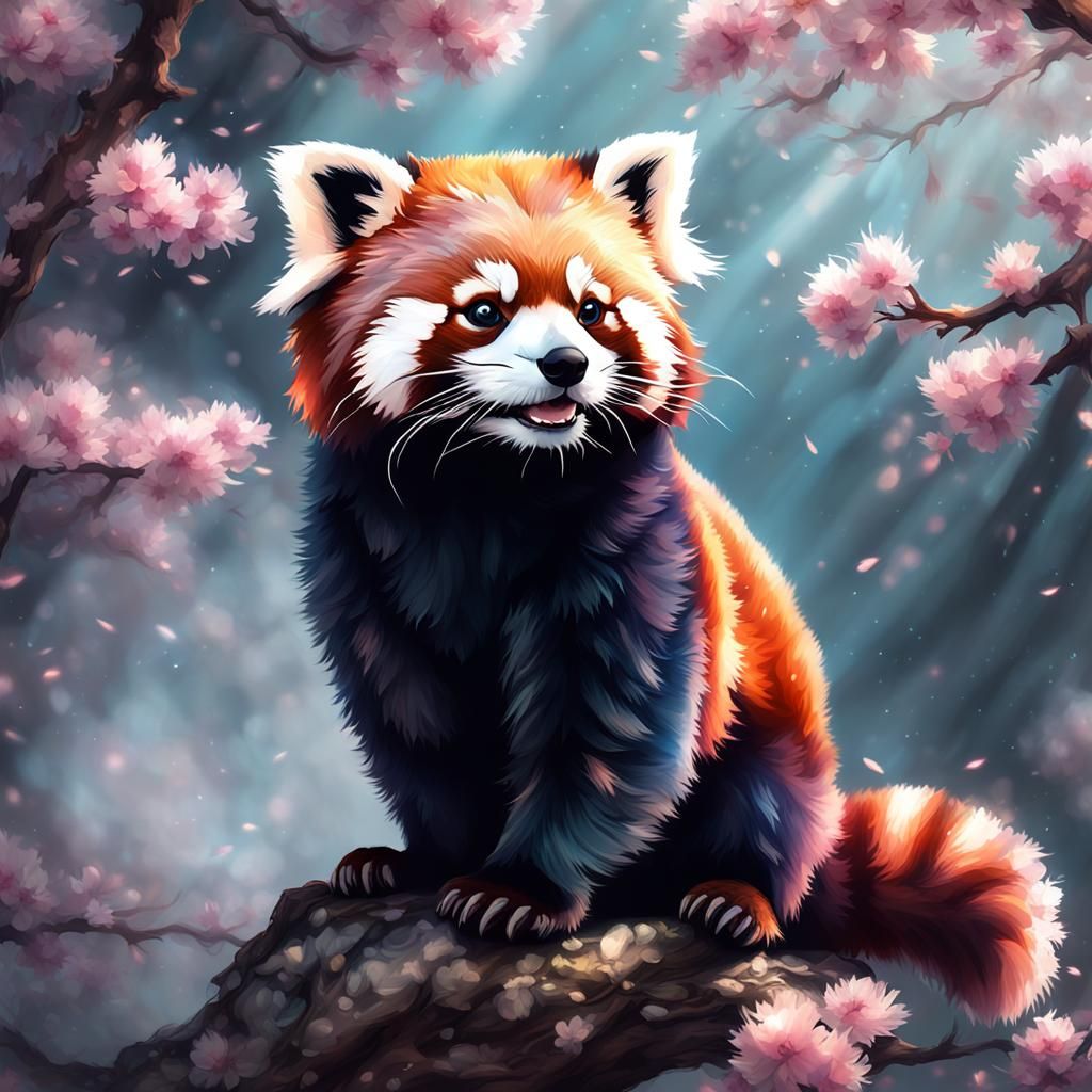 Prismatic Chibi Red Panda in Cherry Tree