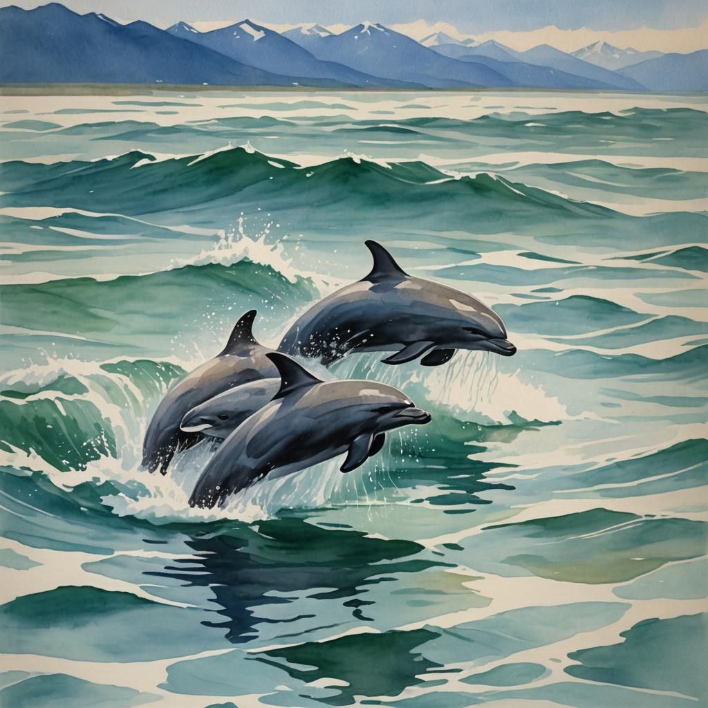 Porpoises Frolic in Alaskan Waters: Gouache Style