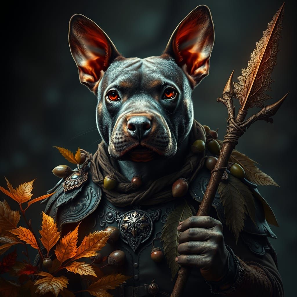 Hyper-Realistic Pitbull in Leaf Armor Portrait