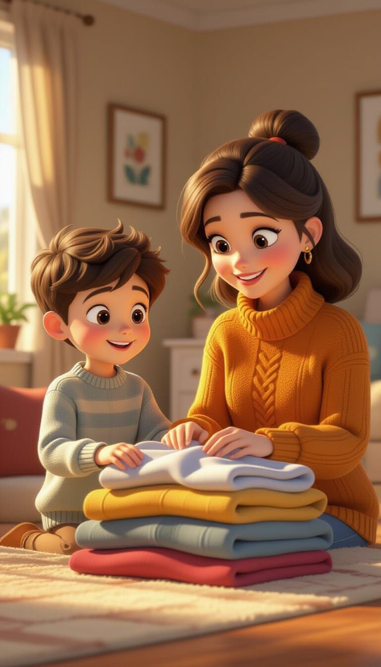 Boy Helping Mother Fold Clothes: 3D Animation