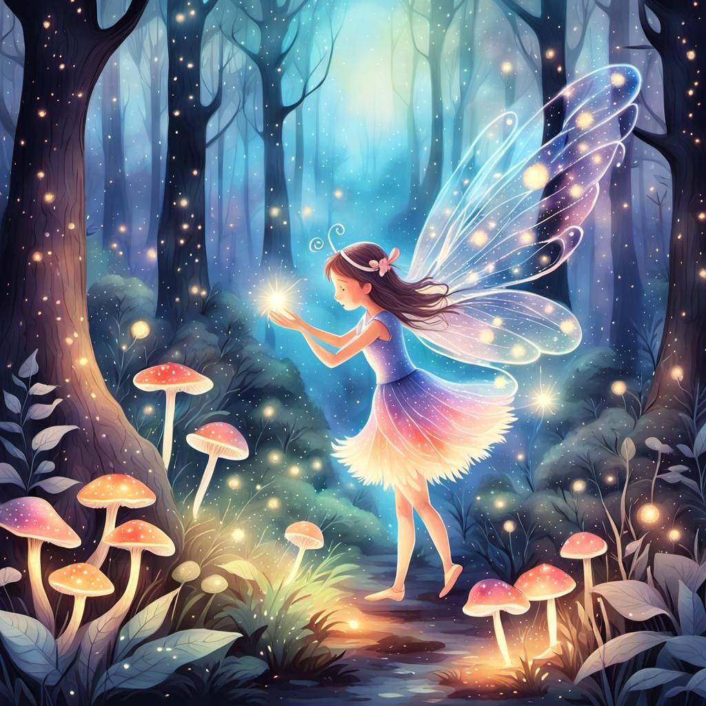 Magical Creature Dancing in Enchanted Forest, Watercolor Sty...