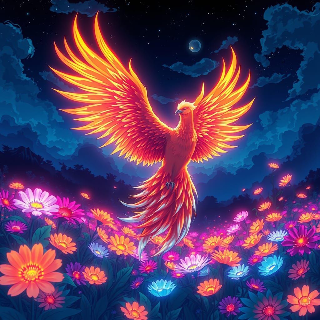 Anime Phoenix Rises From Bioluminescent Flowers