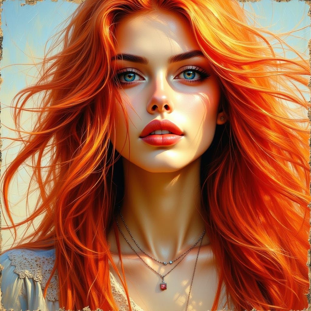 Textured Oil Portrait of Woman with Flowing Red Hair