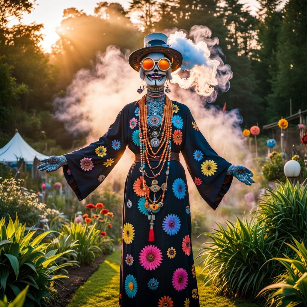 Monumental Floragato Scarecrow in a Mystical Garden