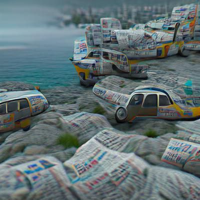 Newspaper Taxis on the Shore: 8K Resolution
