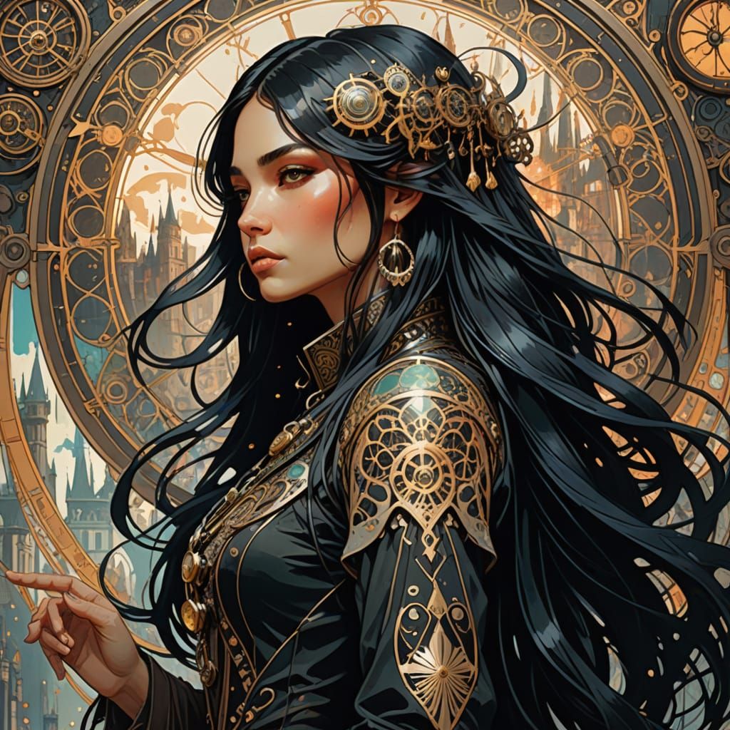 Steampunk Woman in Alphonse Mucha Style