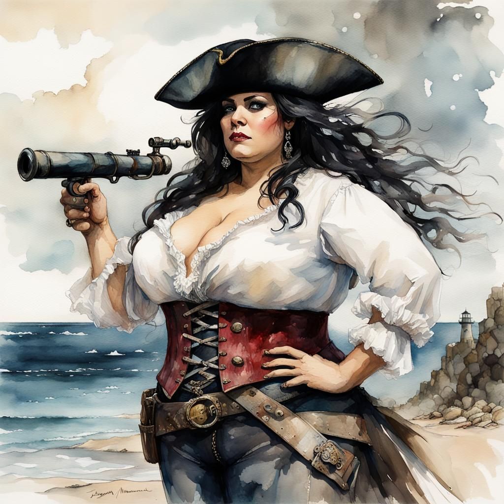 Hispanic Pirate Woman on Island Beach in Watercolor
