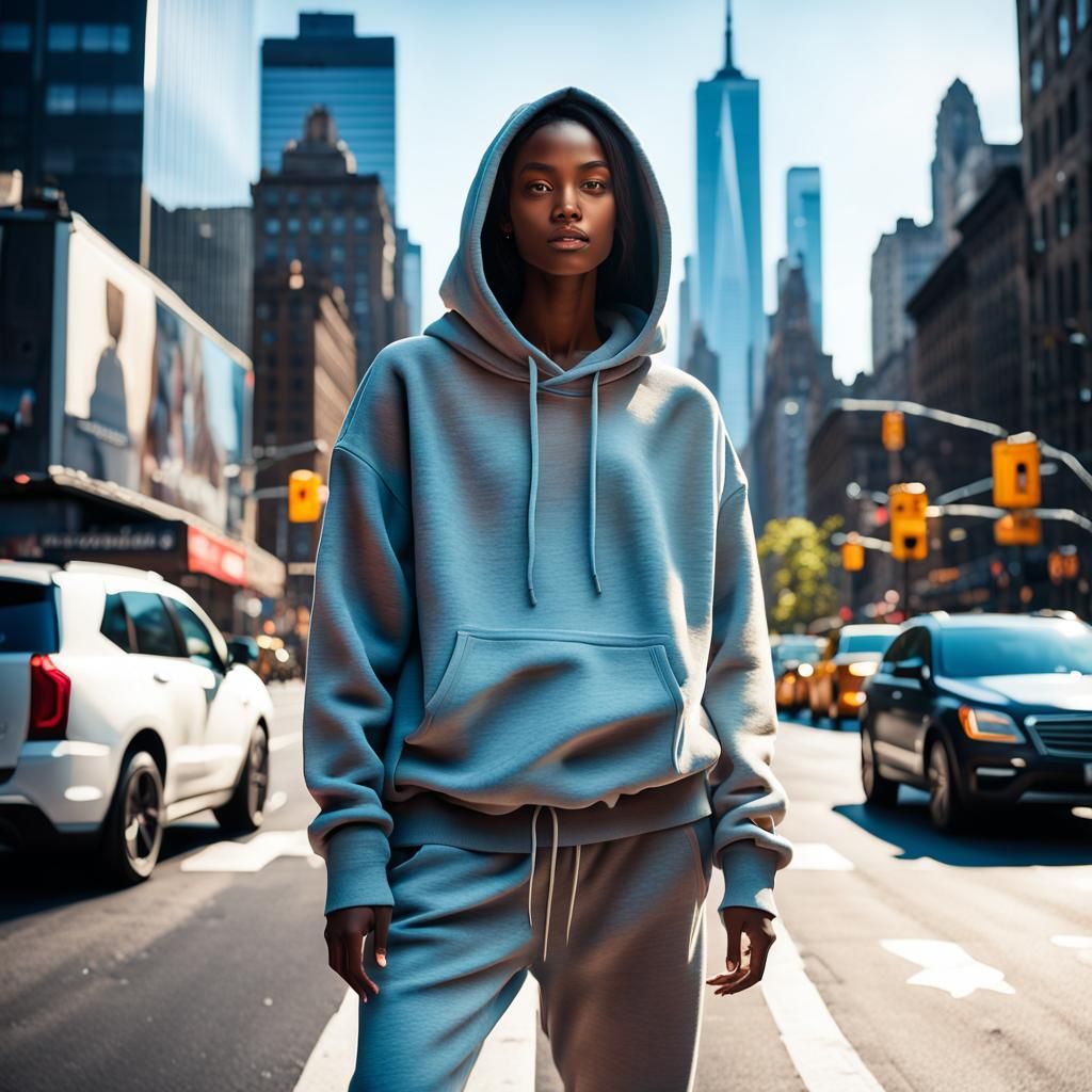 Model in Oversized Hoodie, Hyper-Realistic Fantasy Art