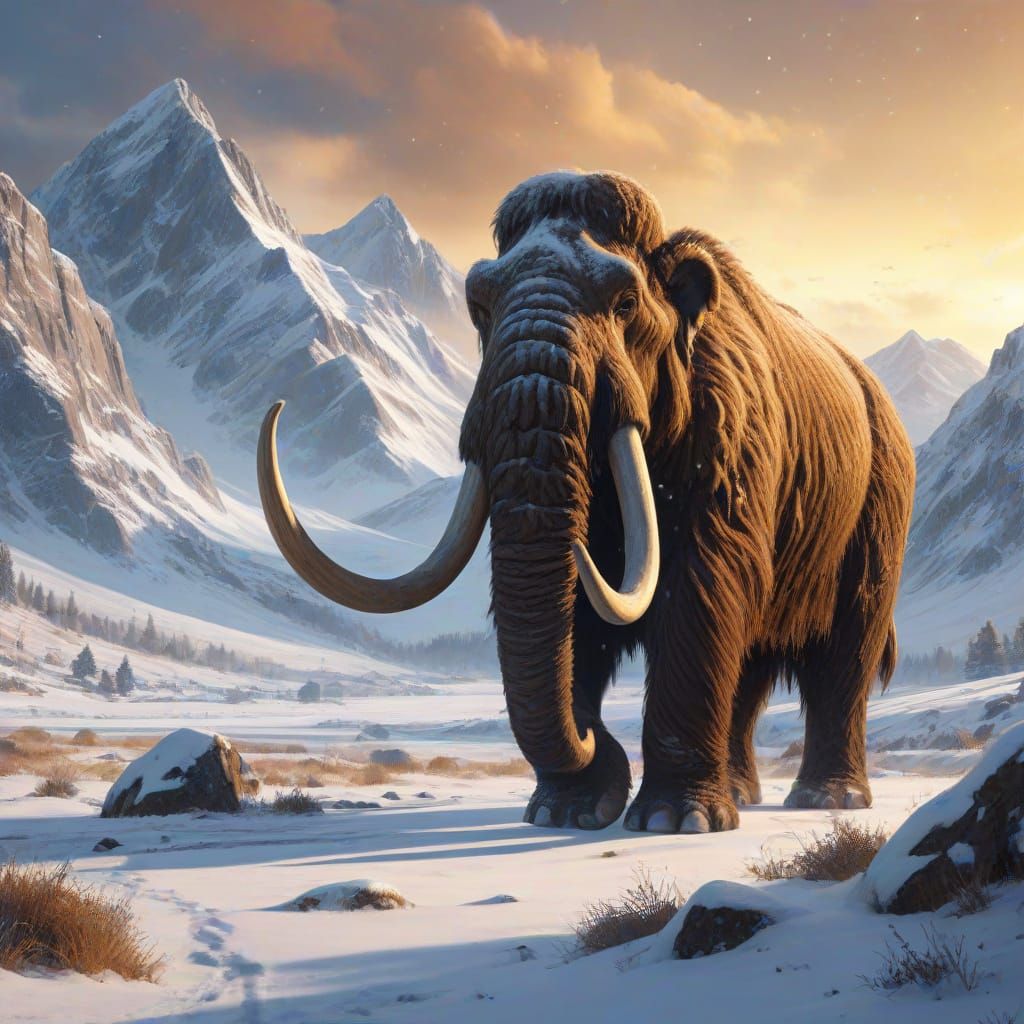Majestic Woolly Mammoth in Snowy Valley Landscape