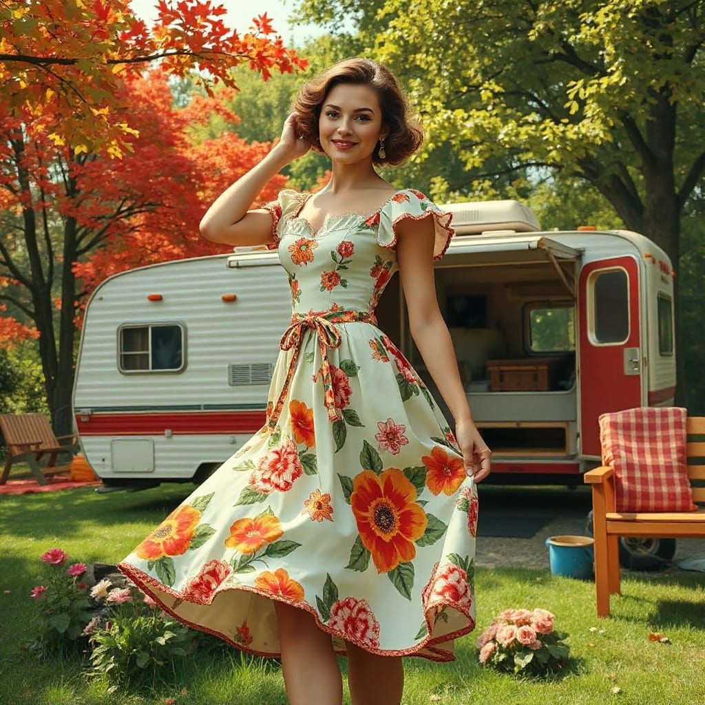 Tradwife at Campsite in Pin-Up Style