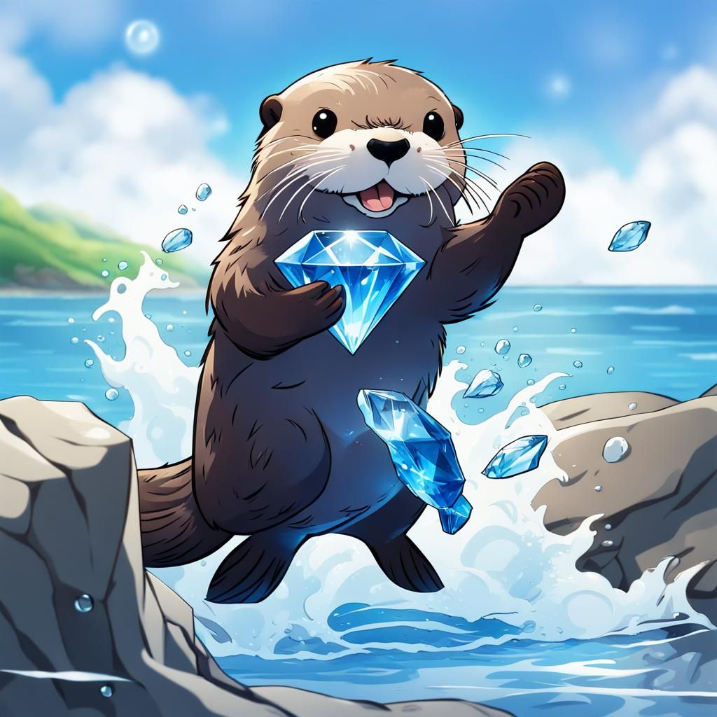 Sea Otter with Diamond Fish in Anime Style