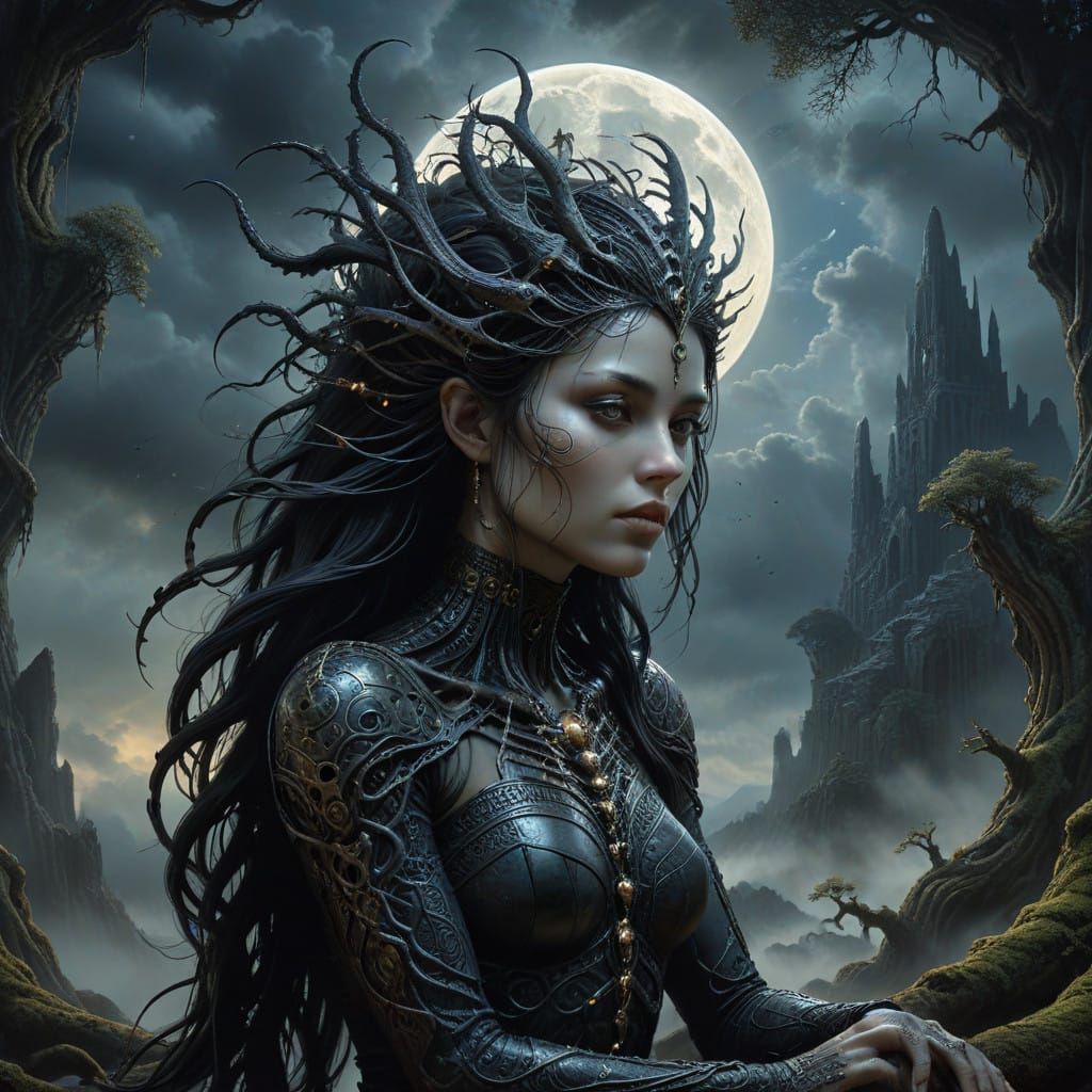Mystical Goddess Amidst Stormy Landscape in Hyperdetailed St...