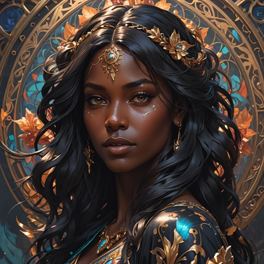 Alluring Dark-Skinned Woman Portrait in Art Nouveau Style