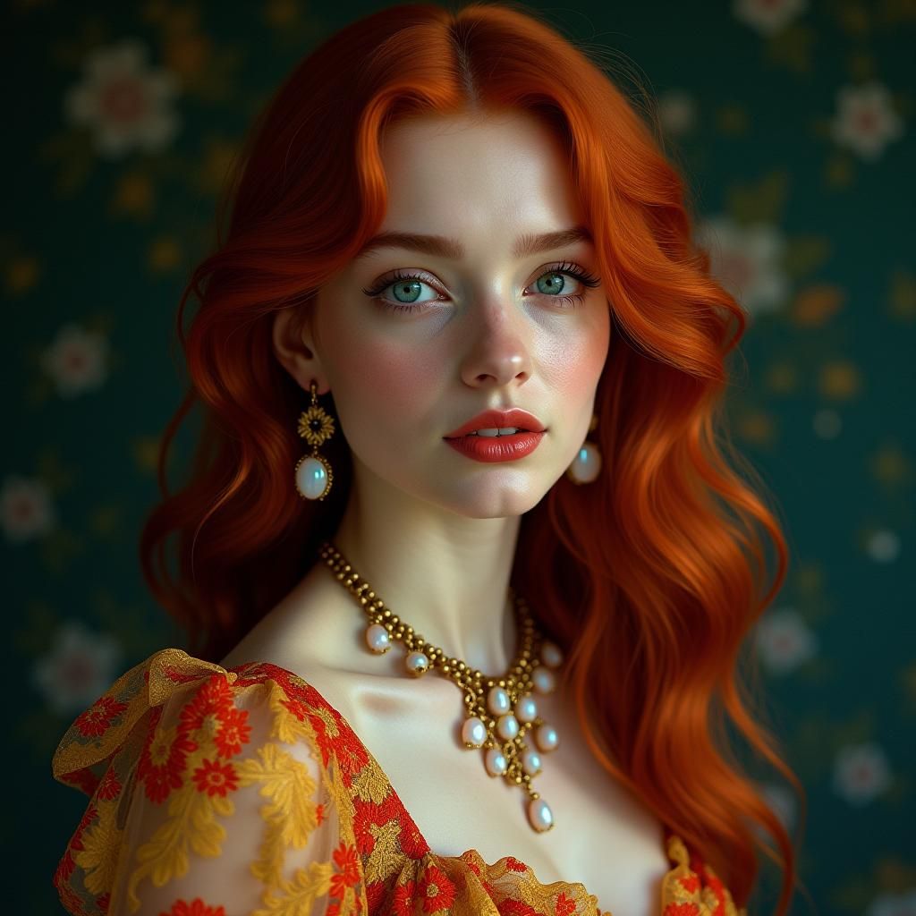 Portrait of Woman with Red Hair in Watercolor Style