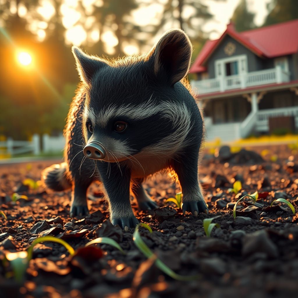 Pigacoon Digging in Fertile Soil: Cinematic Digital Art