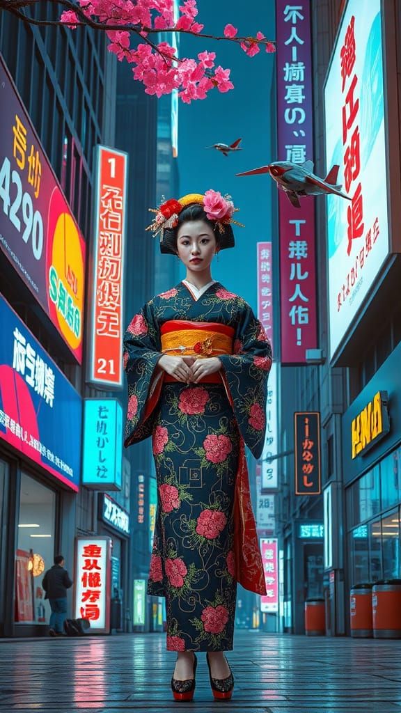 Futuristic Geisha in Neon Tokyo Alleyway: Cyberpunk Anime
