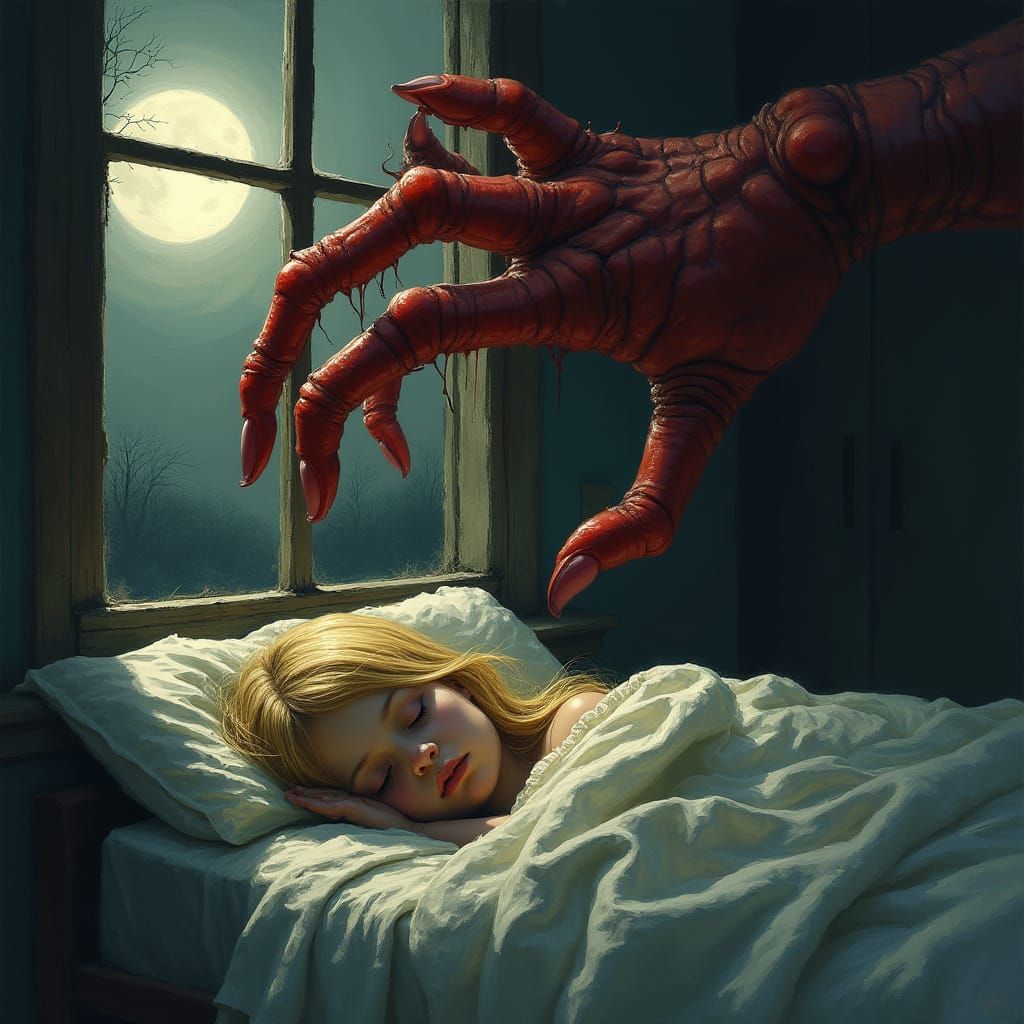 Grotesque Red Hand Sneaks Through Moonlit Bedroom Window