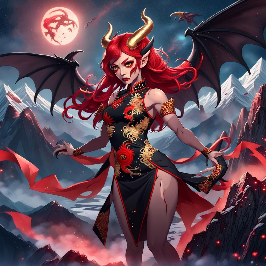 Demon Woman with Wings in Fantasy Art Style