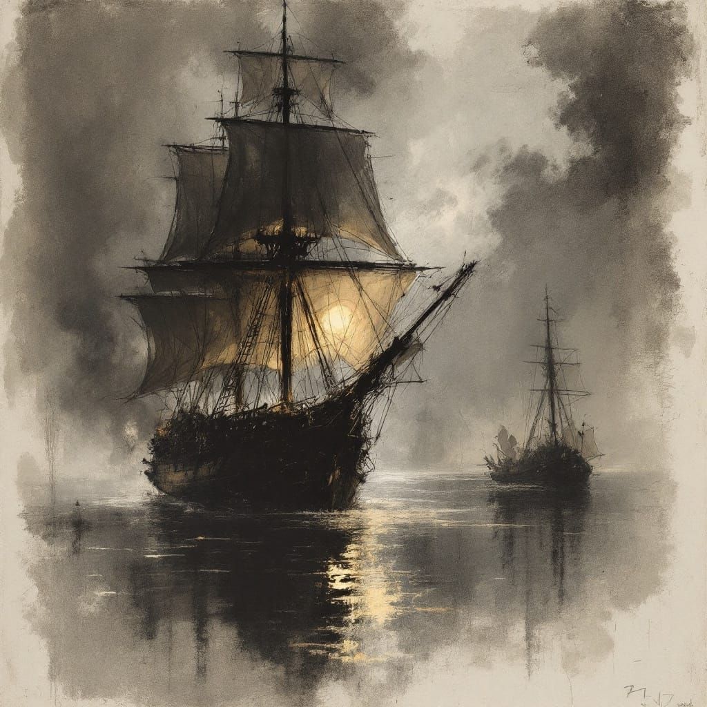 Moody Charcoal Sketch of a Smoky Naval Battle at Night