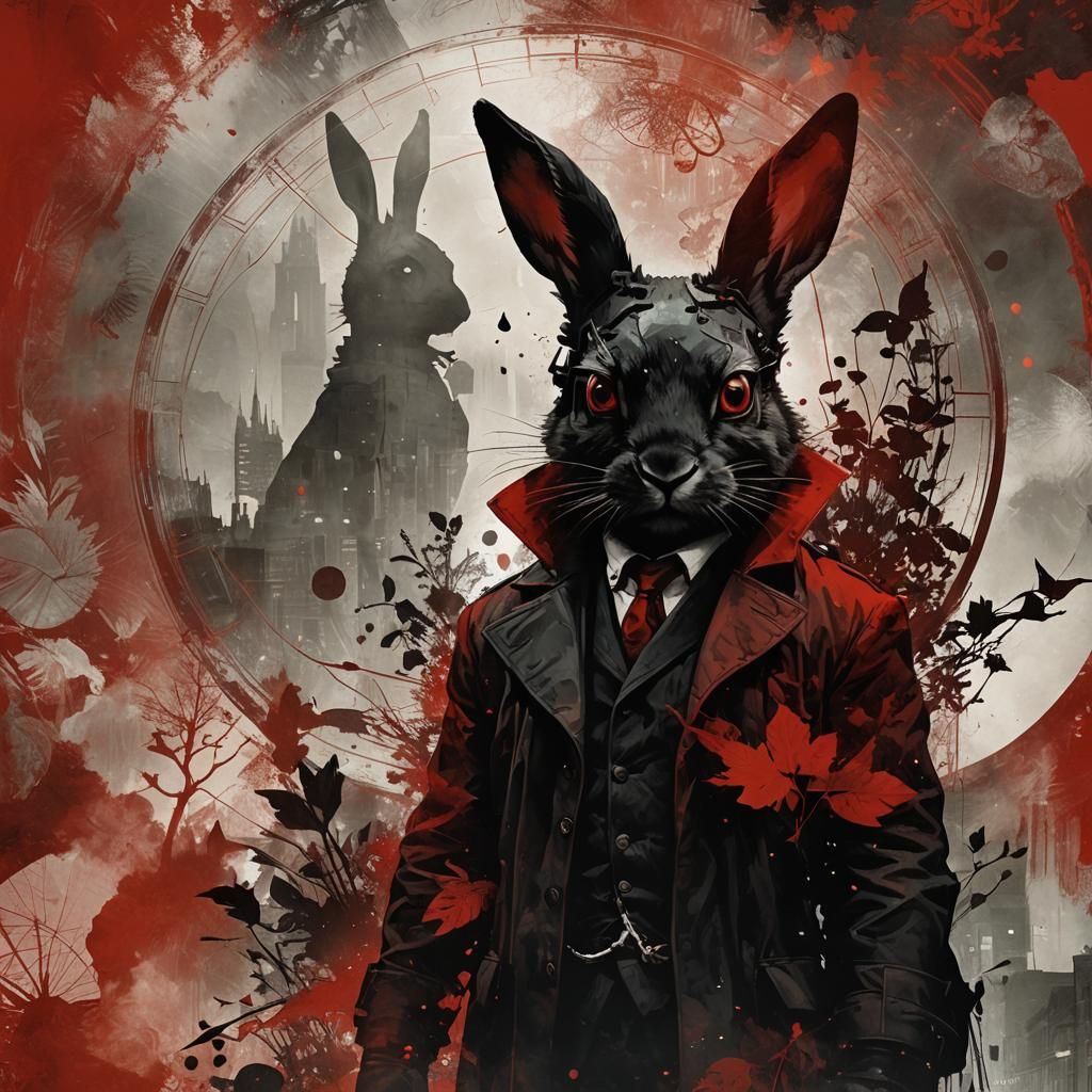 Noir Detective Rabbit Double Exposure in Ink Art Style