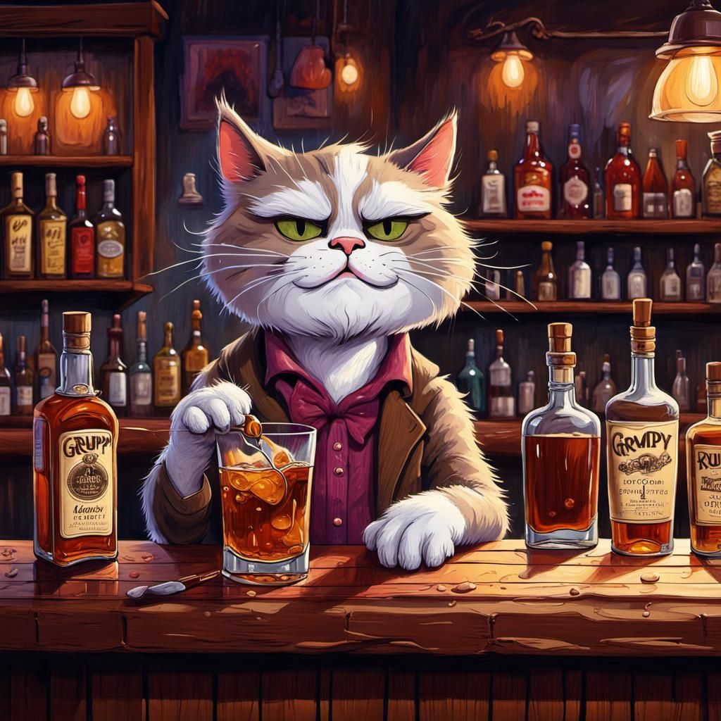Grumpy Cartoon Cat Drinks at Cozy Bar