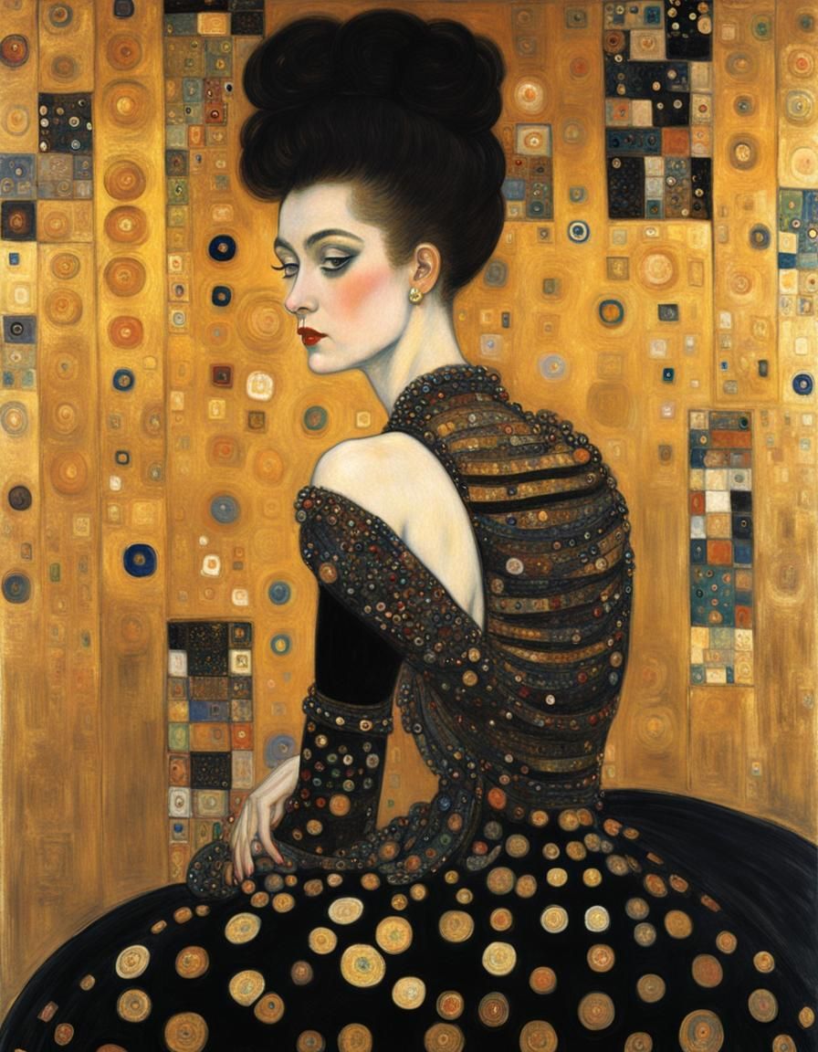 Woman in Black Gown: A Klimt-Inspired Portrait