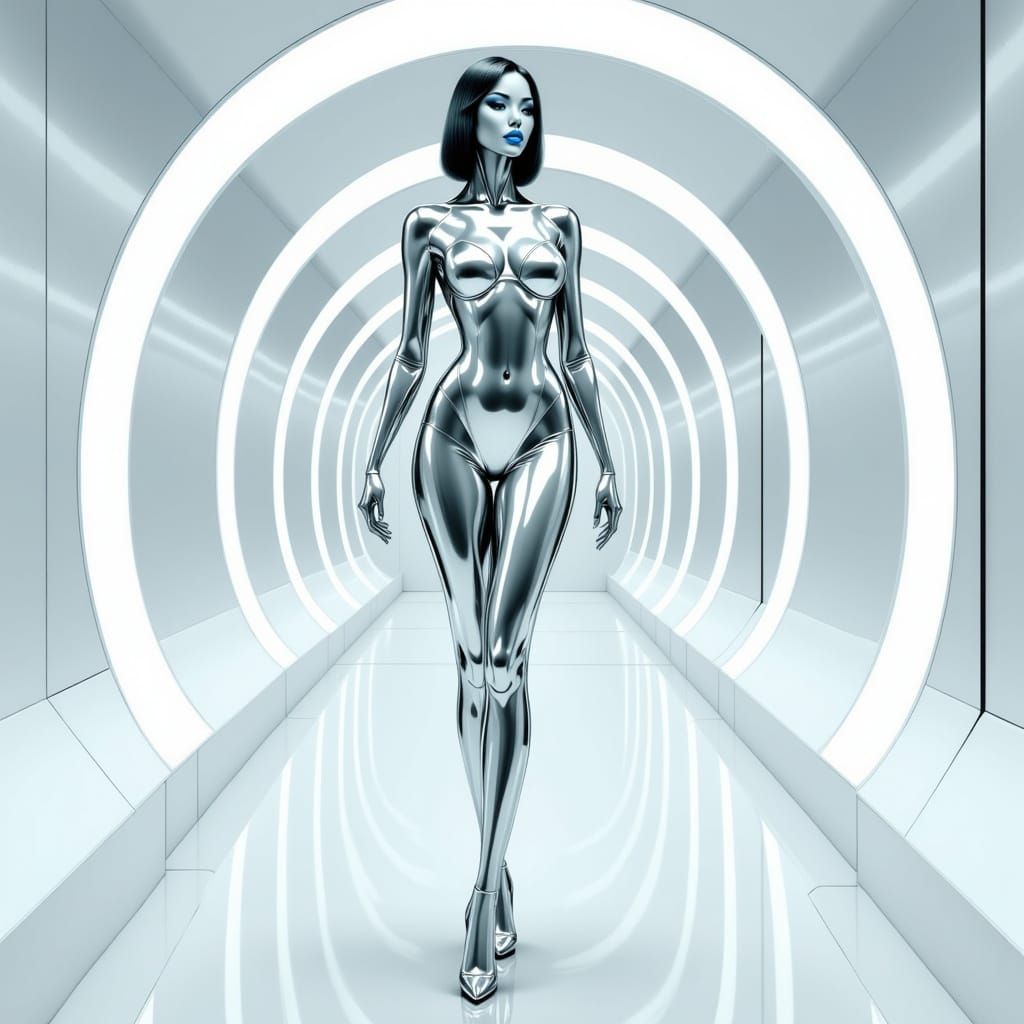 Futuristic Robot Goddess in Chrome Metal and White