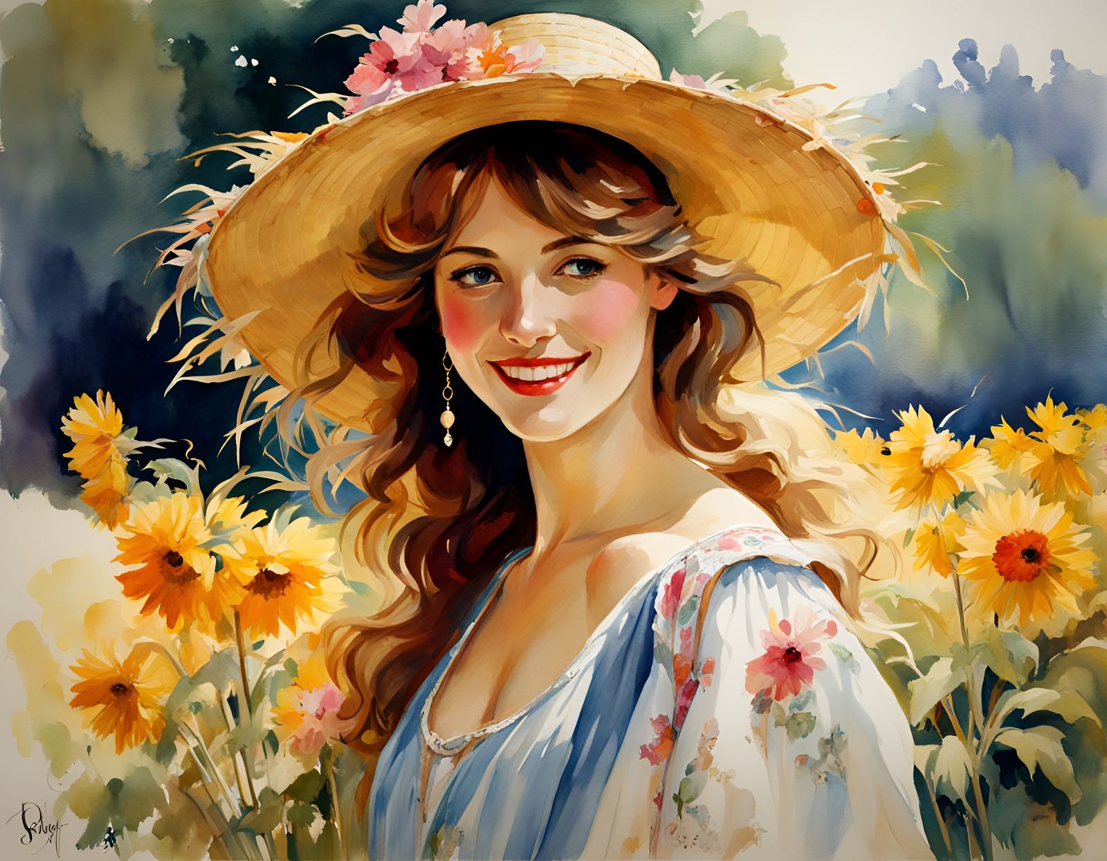 Smiling Woman in Summer Dress, Folk Art Watercolor