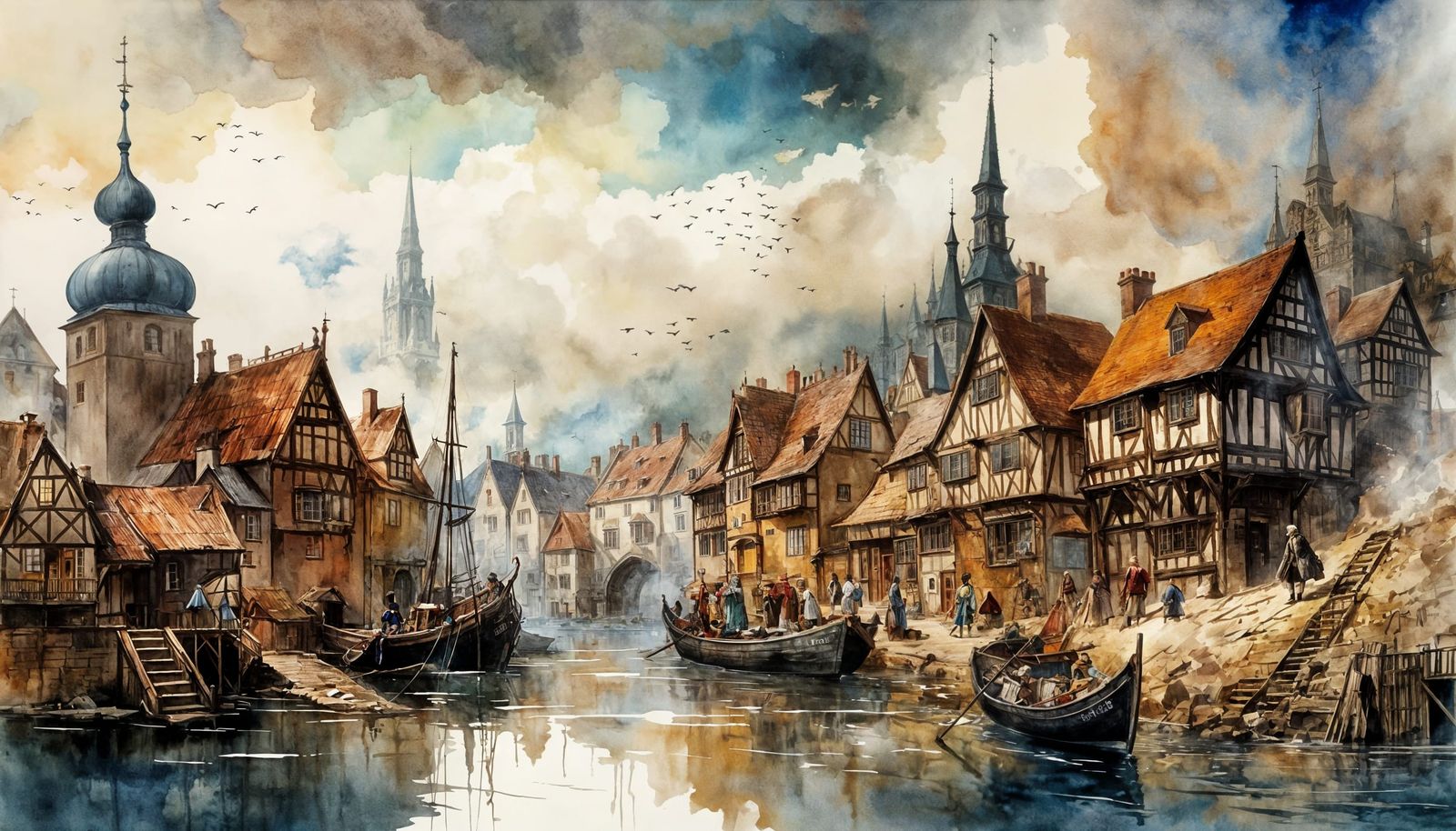 Watercolor Medieval Town in the Clouds