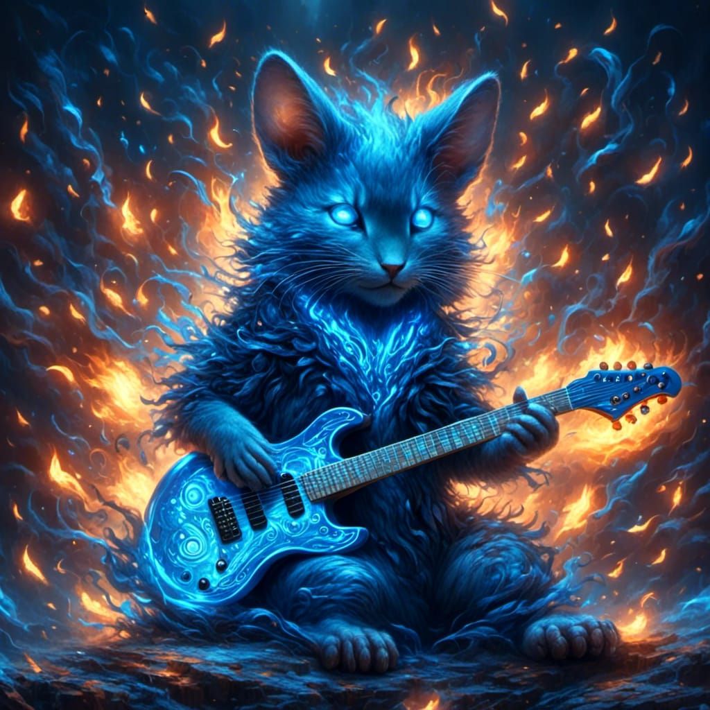 Blue Flaming Electric Guitar in Neon Style