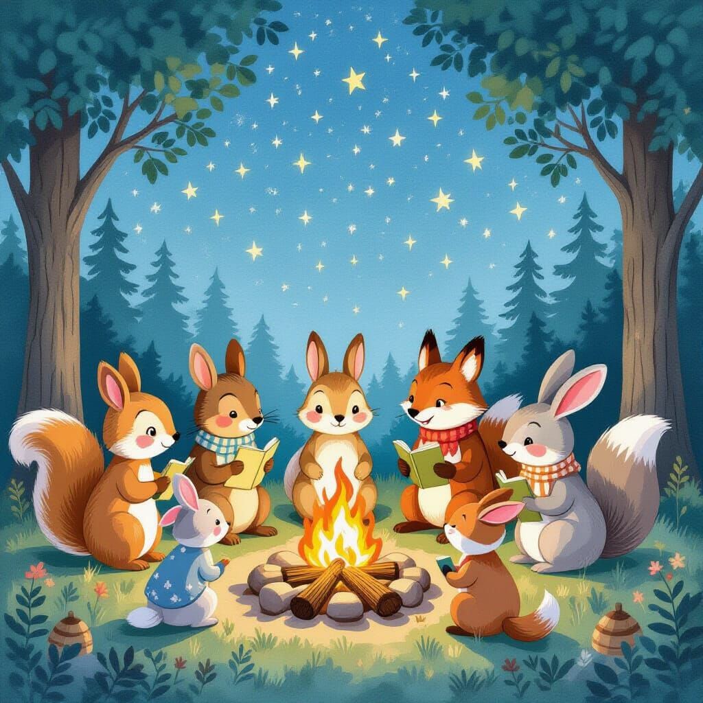 Woodland Creatures Campfire Scene in Storybook Style