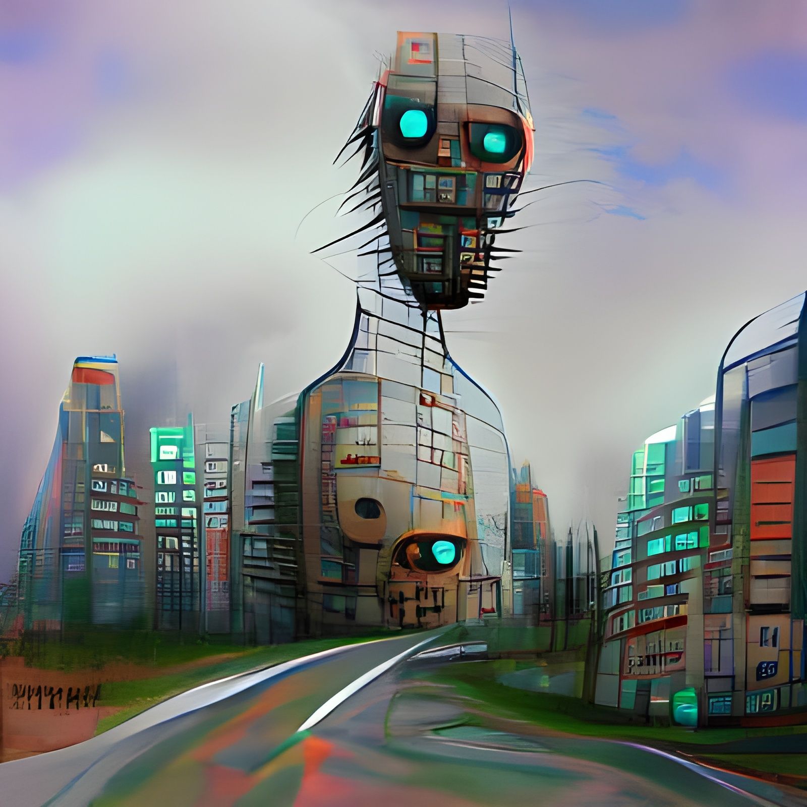 Cyberpunk Ghost Weeping in Post-Apocalyptic City