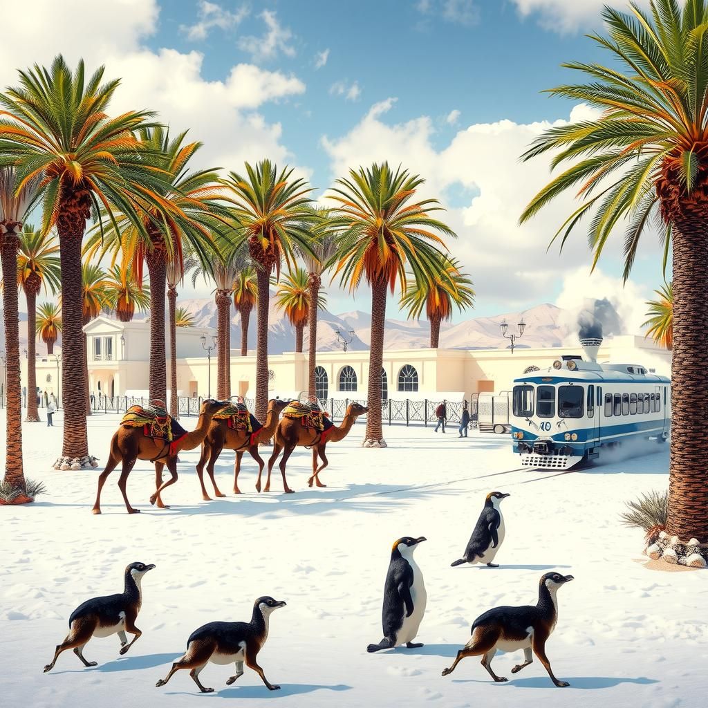 Surreal Oasis: Camel Caravan and Steam Train