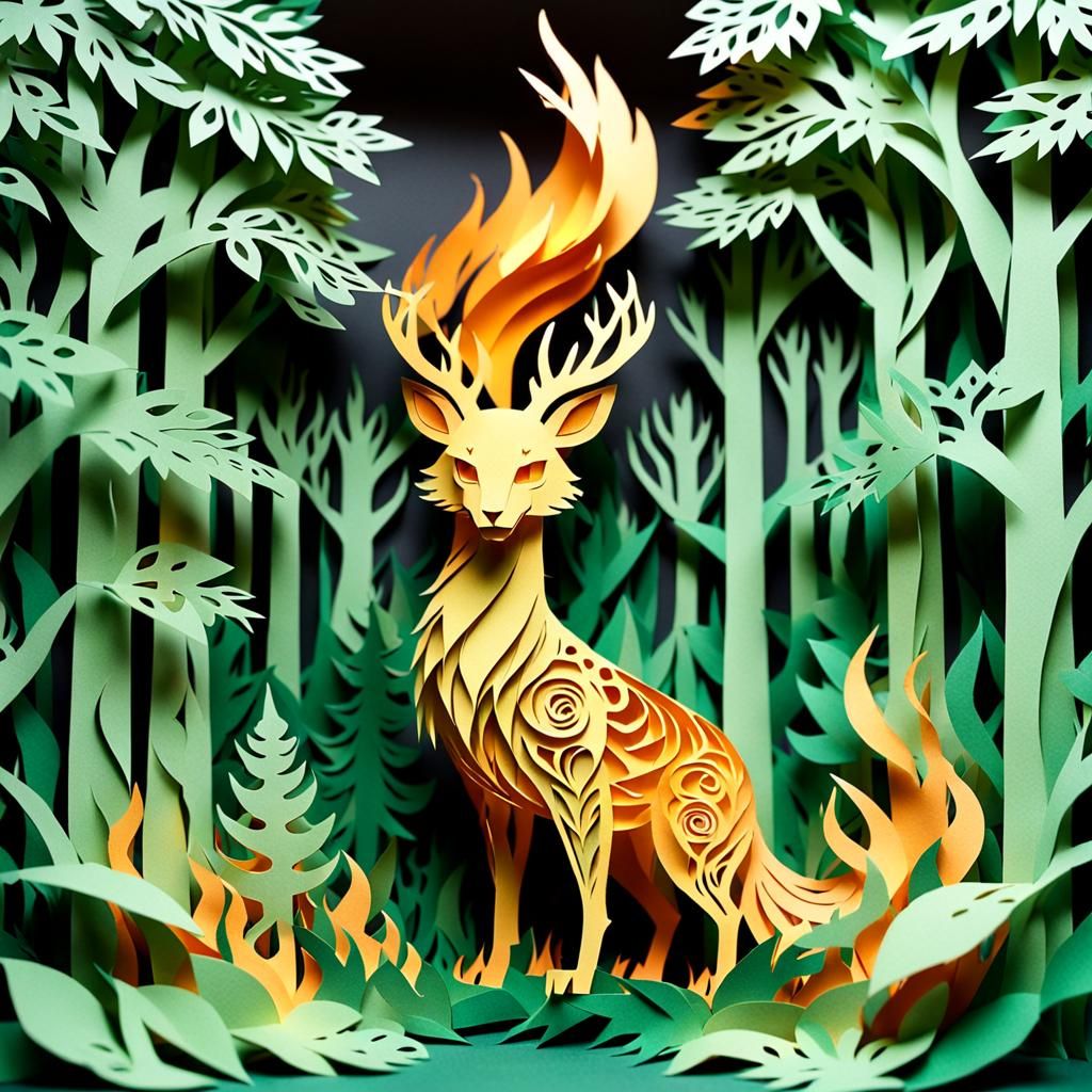 Kirigami Fire Spirit in Forest Paper Art