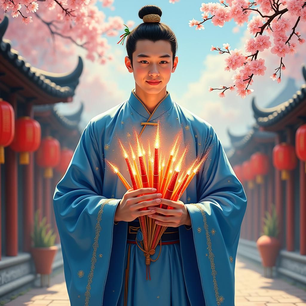 Chinese Man with Fireworks, Classical Painting Style
