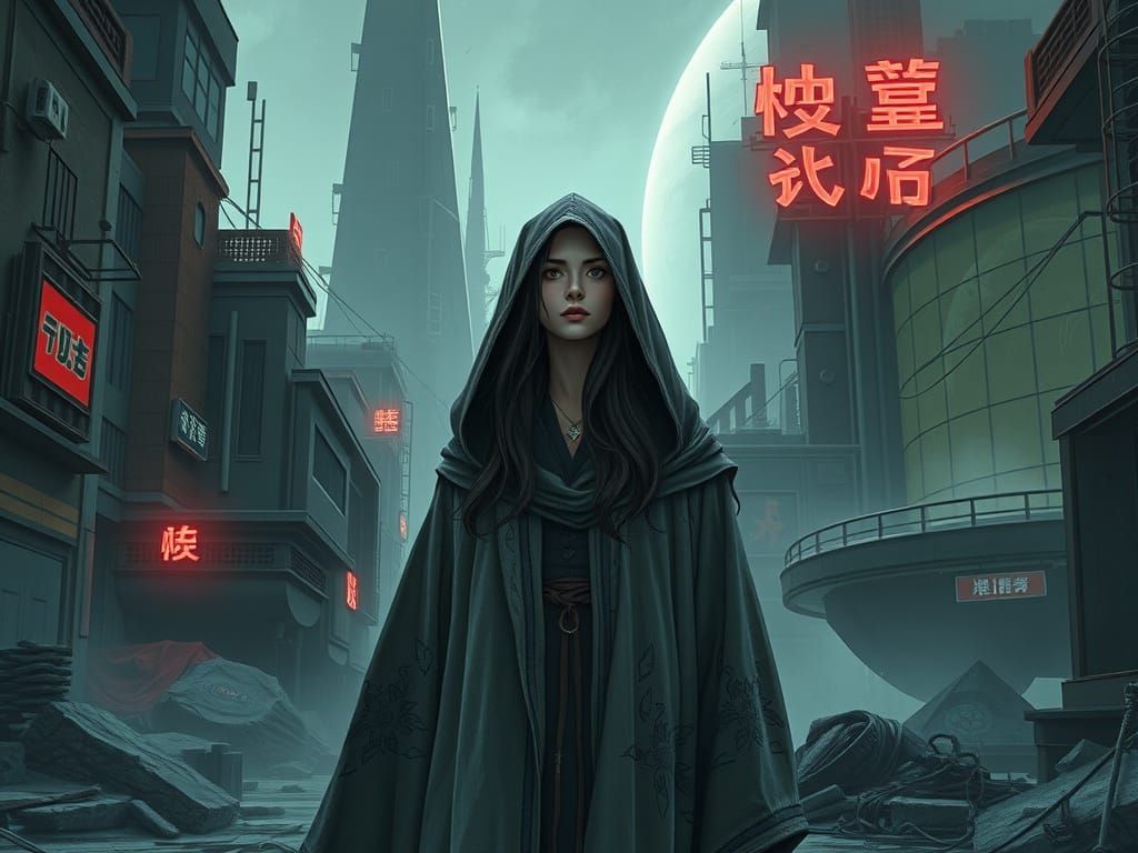 Dystopian Woman in Gloomy Urban Futurescape