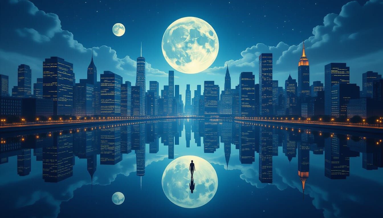 Surreal Cityscape Reflection with Floating Buildings