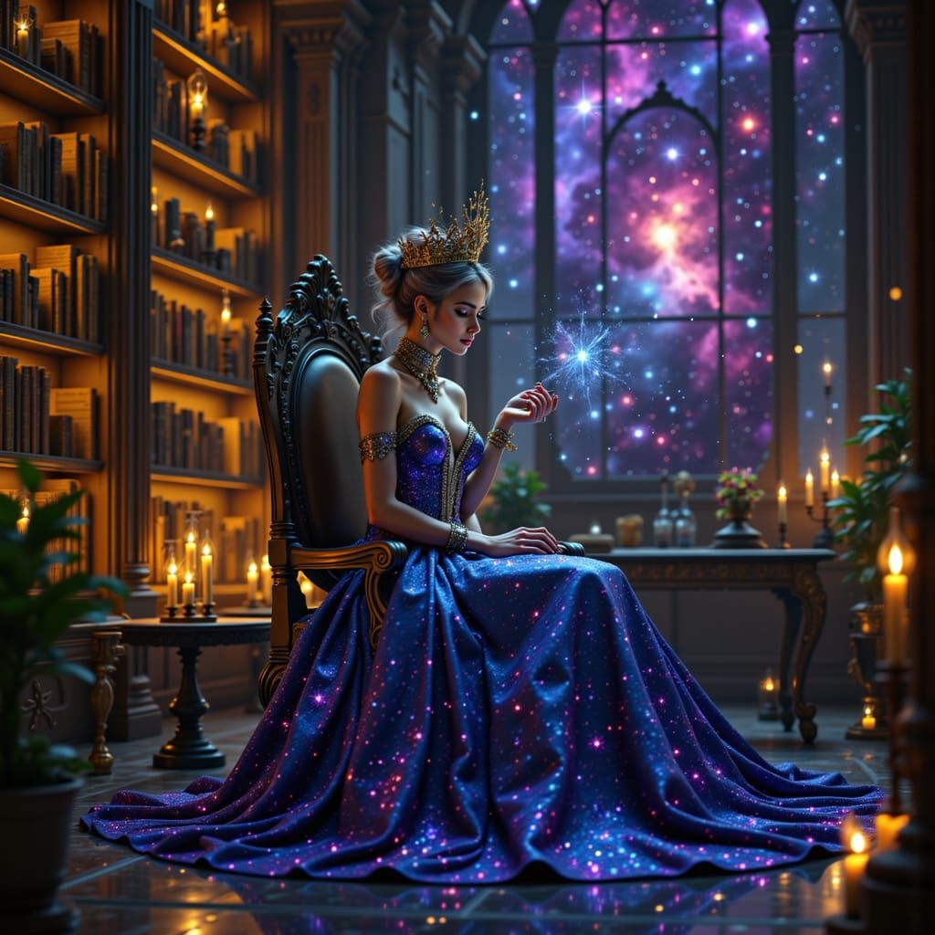 Cosmic Queen in Celestial Library of Glowing Tomes