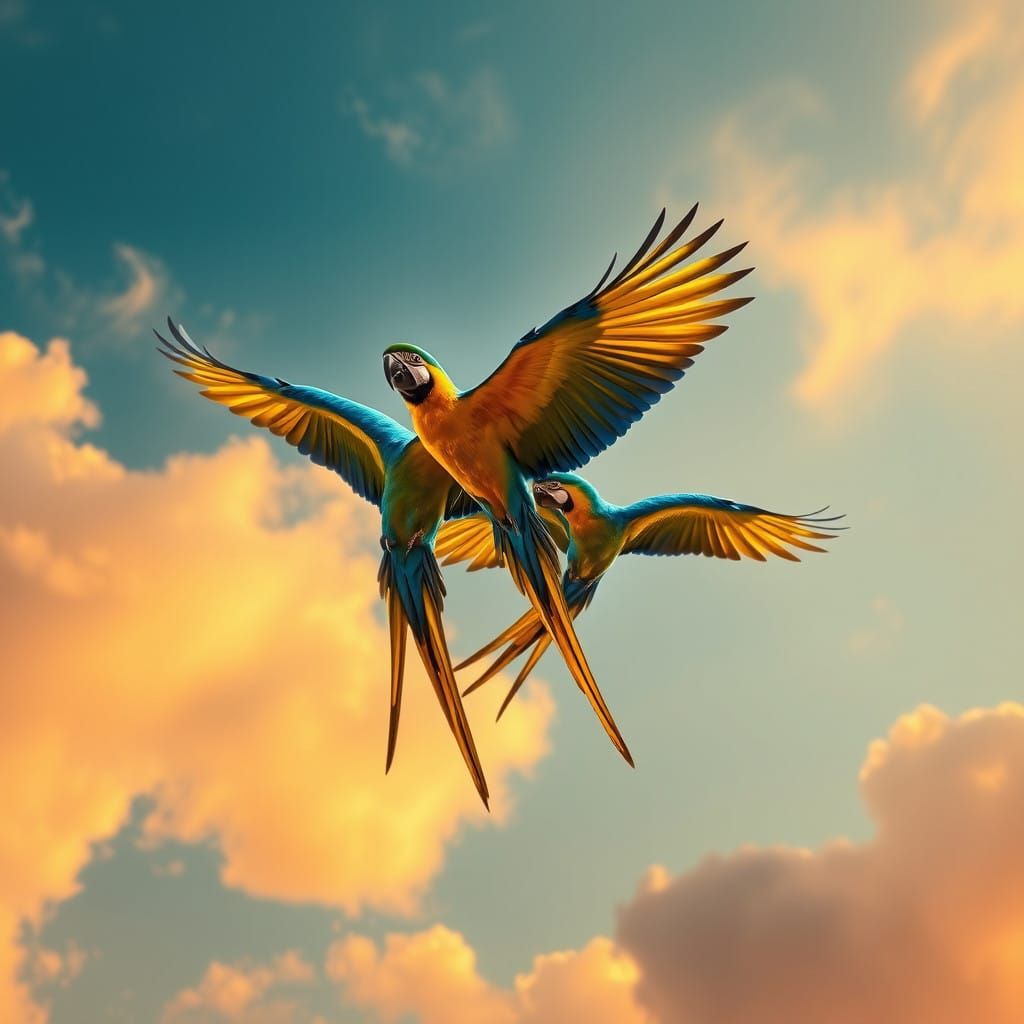 Vibrant Macaws Soar Together in a Radiant, Whimsical Sky