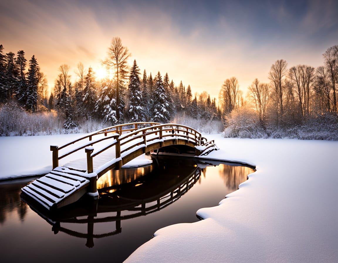 Snowy Wooden Bridge Over Frozen Lake at Sunset