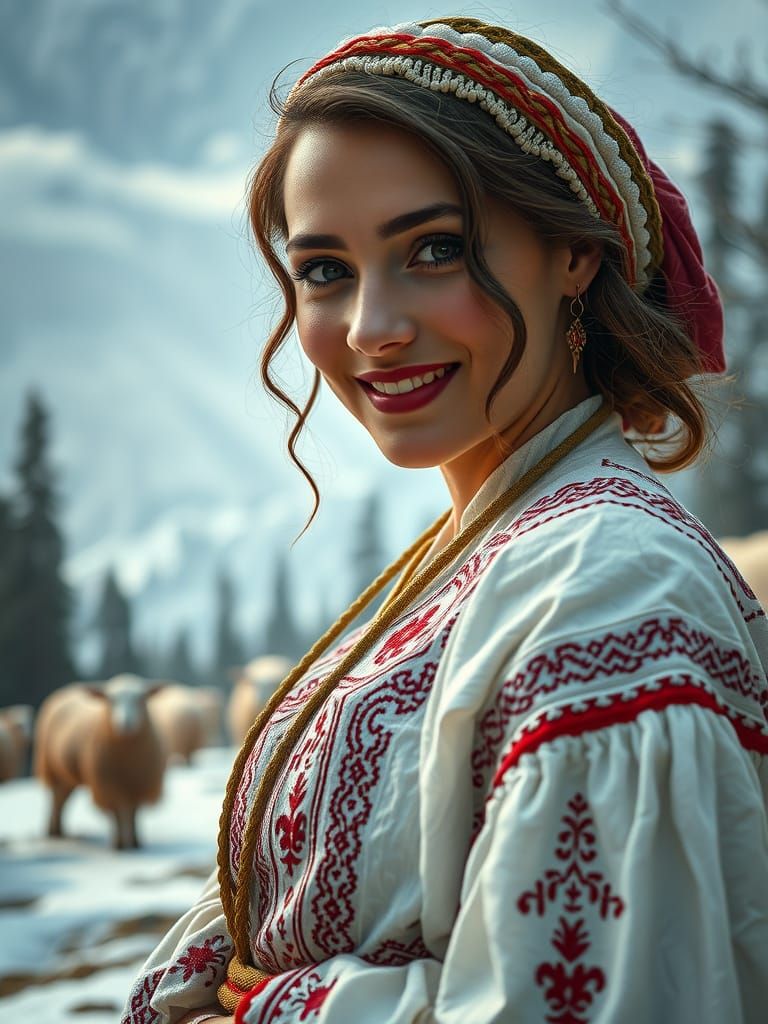 Village Woman in Winter Forest, Cinematic Lighting