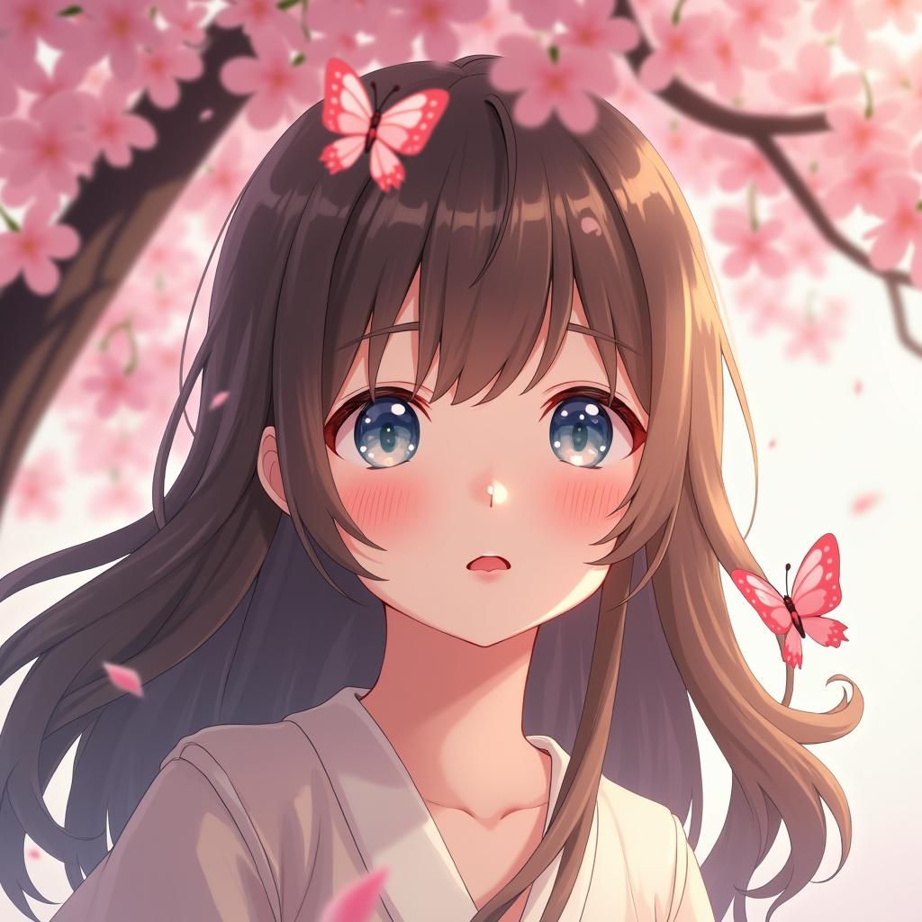 Anime Girl with Butterflies Under Cherry Blossom Tree