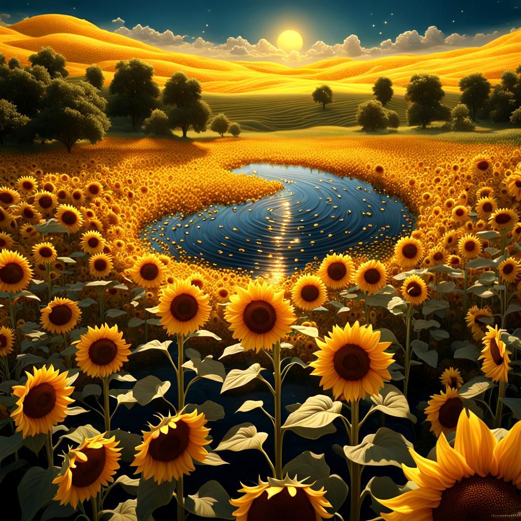 Golden River in Sunflower Field: Baroque Surrealism